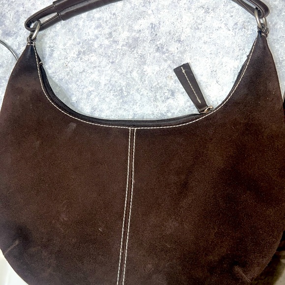 Chocolate Suede Handbag with Brown Faux Leather Handle Strap Purse Old Navy - Picture 10 of 10